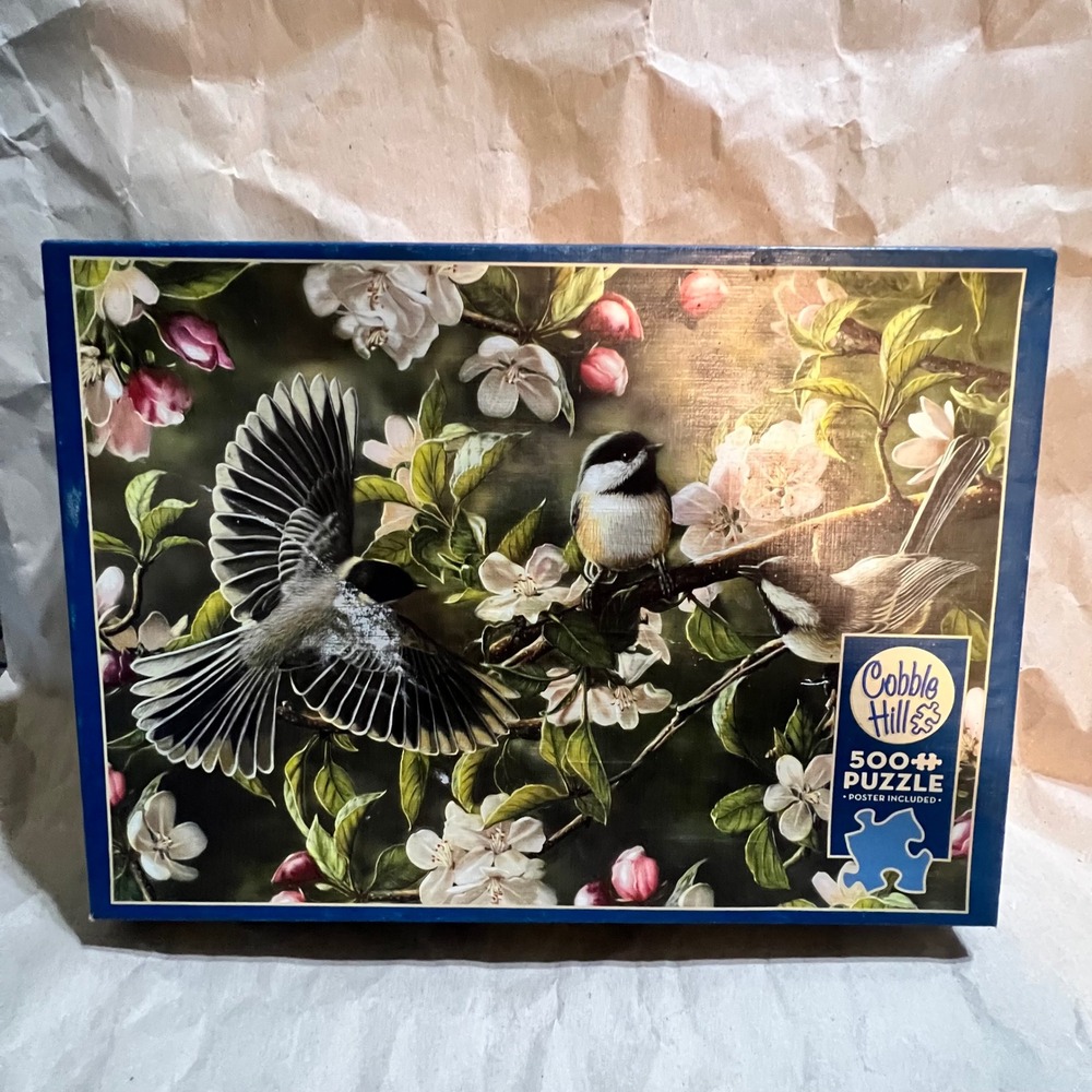 Cobble Hill 500 Piece Jigsaw Puzzle Chickadees and Blossoms Nature Floral Blue